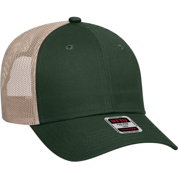 A green 6-panel trucker hat with a beige mesh back and a logo on the front.