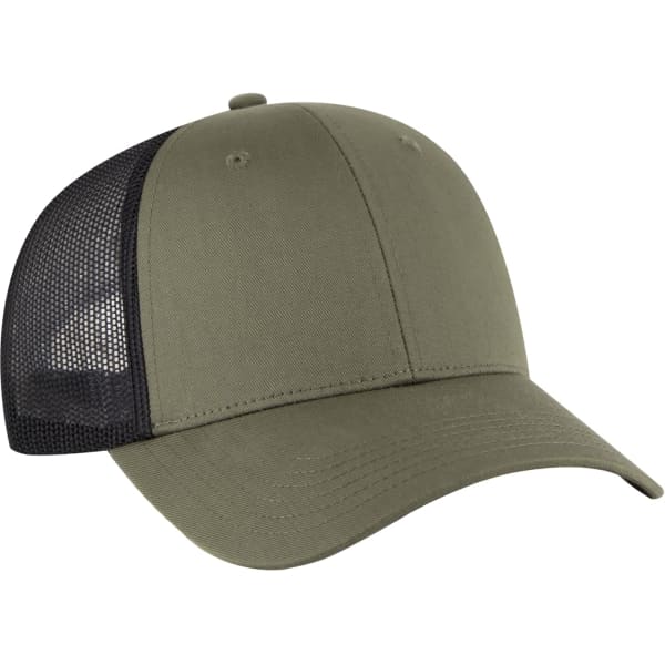 A 6-panel trucker hat in olive green with a black mesh back and a curved brim. Features a logo on the front.