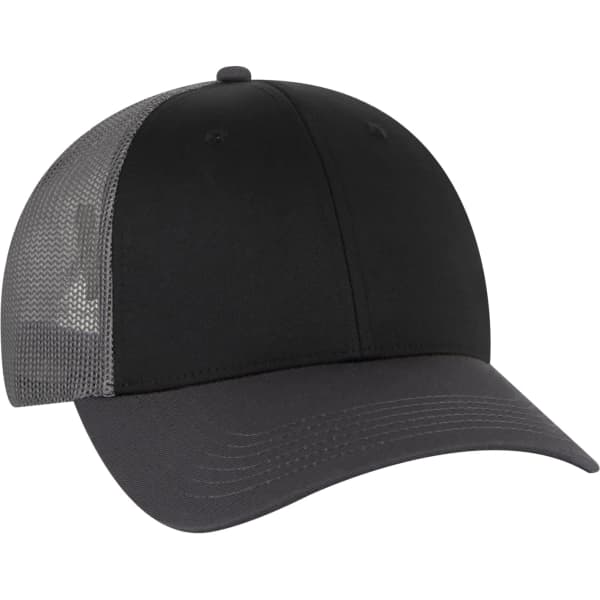 A black 6 panel trucker hat with a grey mesh back and a logo on the side.