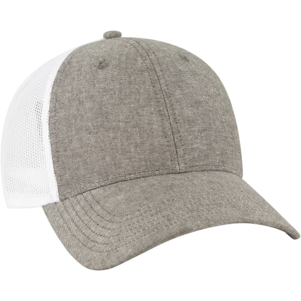 A 6-panel low profile trucker cap in grey with a white mesh back and a rounded peak. Features a logo on the front.