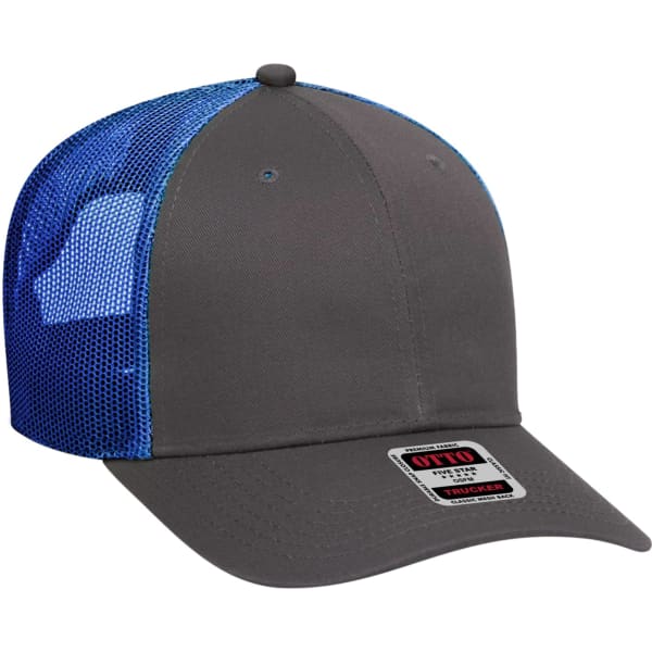 A grey 6 panel trucker hat with a blue mesh back and a rounded visor, featuring a small logo.