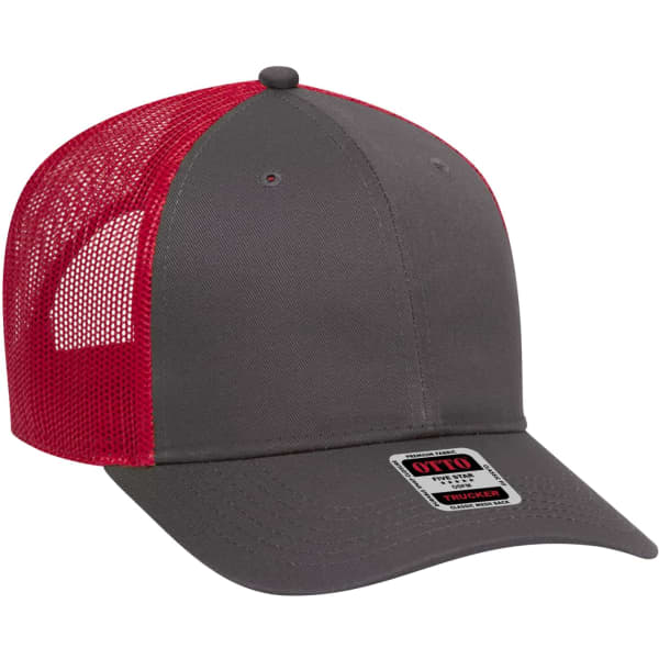 A grey and red 6-panel trucker hat with a mesh back and a flat brim, featuring a logo on the front.