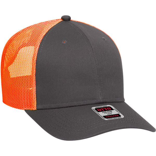 A grey trucker hat with an orange mesh back and a logo on the front.
