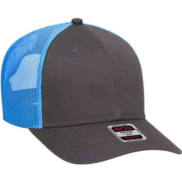 A grey and blue 6-panel trucker hat with a mesh back and a logo on the front.