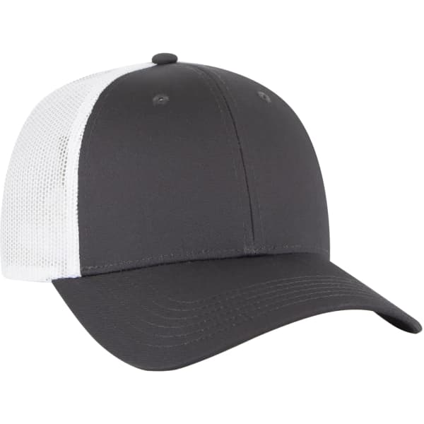A grey and white 6 panel trucker hat featuring a solid front and mesh back, with an adjustable strap and logo.