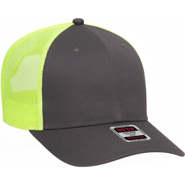 A grey trucker hat with a bright yellow mesh back and a curved brim. It features a logo on the front.