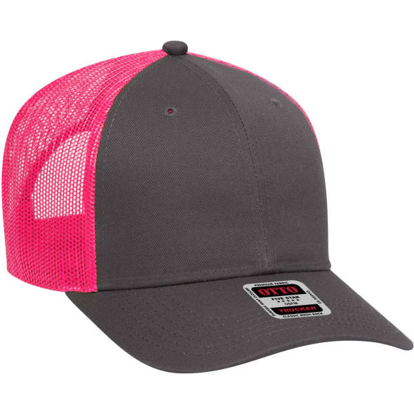 A grey 6-panel trucker hat with a bright pink mesh back and a branded label on the front.