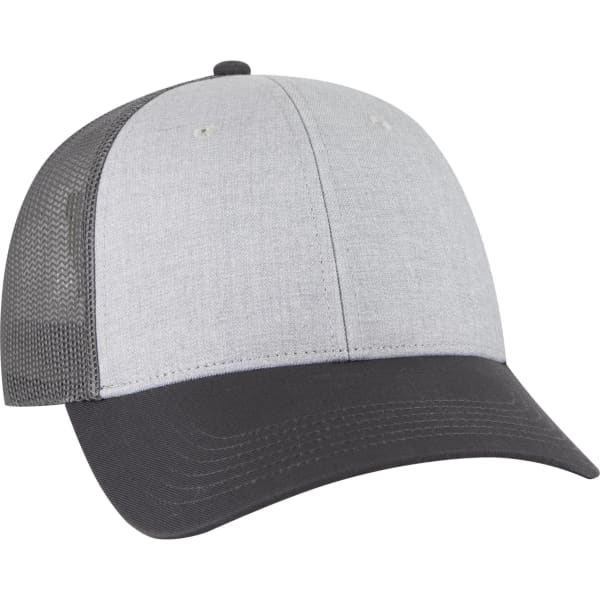 A grey and black 6 panel trucker hat with a mesh back and curved brim. It features a logo on the front.