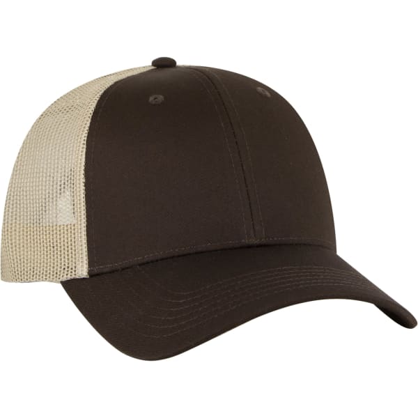 A brown trucker hat with a beige mesh back and a front panel. It features a curved brim and has a logo.