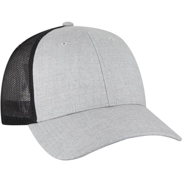 A grey 6 Panel Trucker Hat with a black mesh back and a curved brim. Features a logo on the front panel.