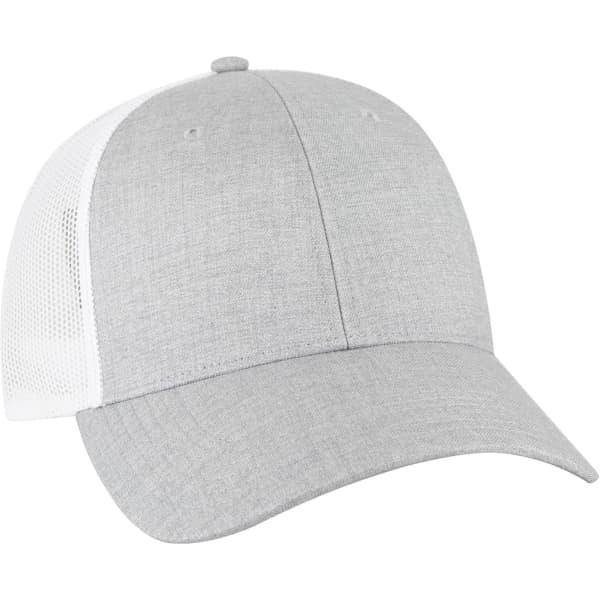 A grey 6 panel trucker hat with a white mesh back and a slight curve to the visor. It features a logo on the front.