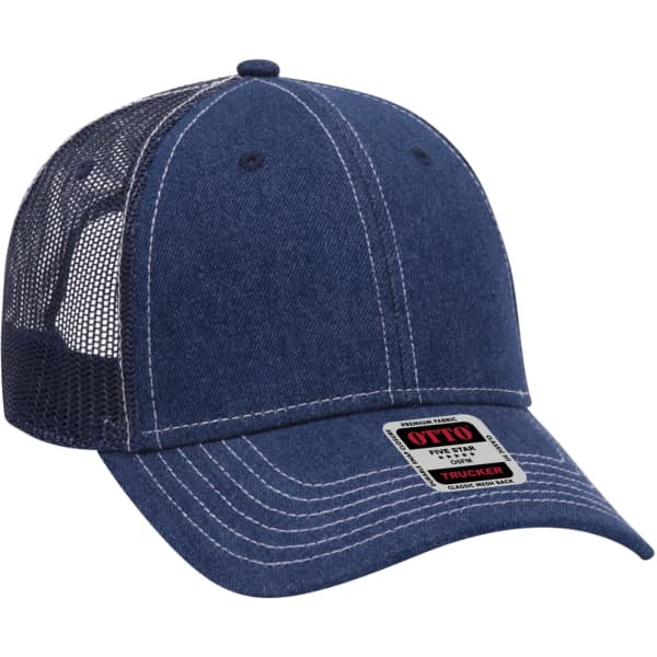 A blue 6 panel trucker hat featuring a denim front and mesh back, with a logo on the front.