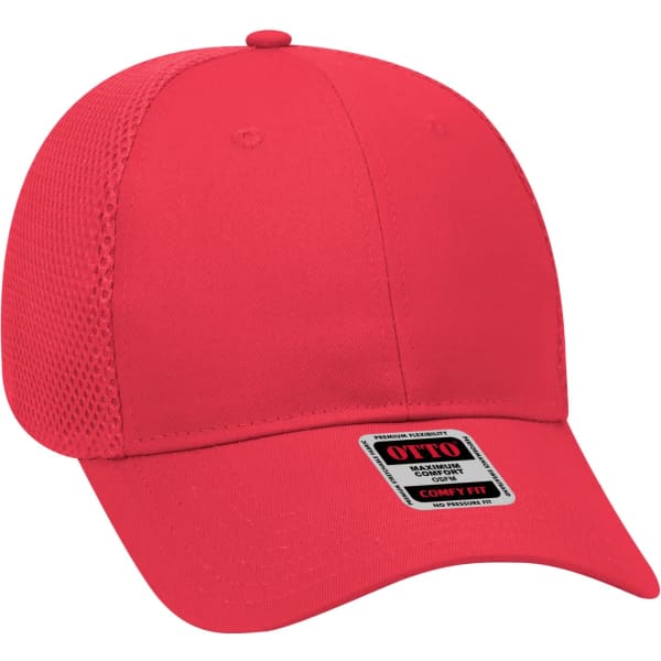 A red six-panel baseball cap featuring a mesh back and a logo on the front.