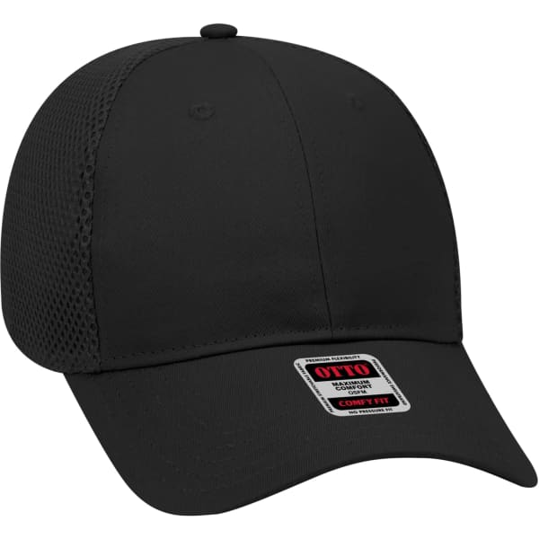 A black six-panel baseball cap featuring a mesh design and a logo on the front.