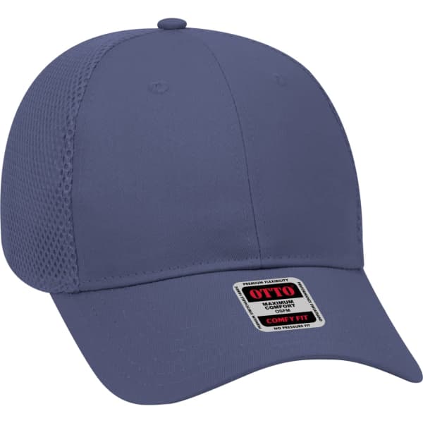 A blue six-panel baseball cap with mesh detailing and a logo on the front label.