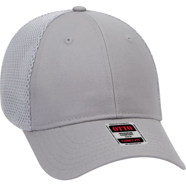 A grey six-panel baseball cap with mesh detailing and a logo on the front. It features an adjustable fit design.