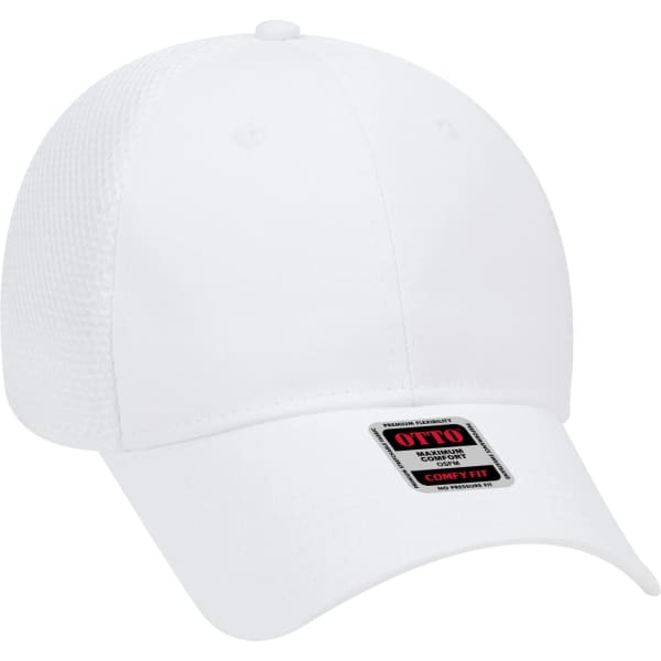 A white six-panel baseball cap with a textured mesh back and a logo on the front.