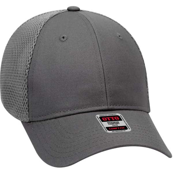 A grey 6-panel baseball cap with mesh sides and a logo on the front. Features a comfy fit design.