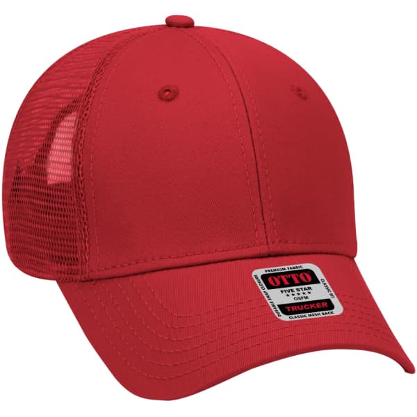 A red 6-panel trucker hat featuring a mesh back and a logo label on the front.