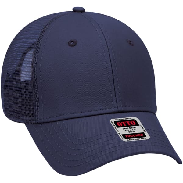 A navy 6 panel trucker hat featuring a mesh back and a logo on the front.