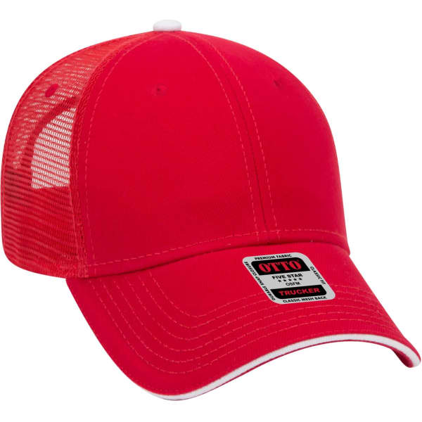 A red 6 panel trucker hat with a mesh back and a white peak. It features a branding label on the side.