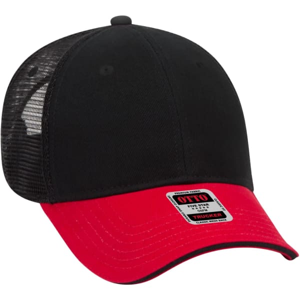 A six-panel trucker hat in black with a red front panel and a mesh back, featuring a logo tag.