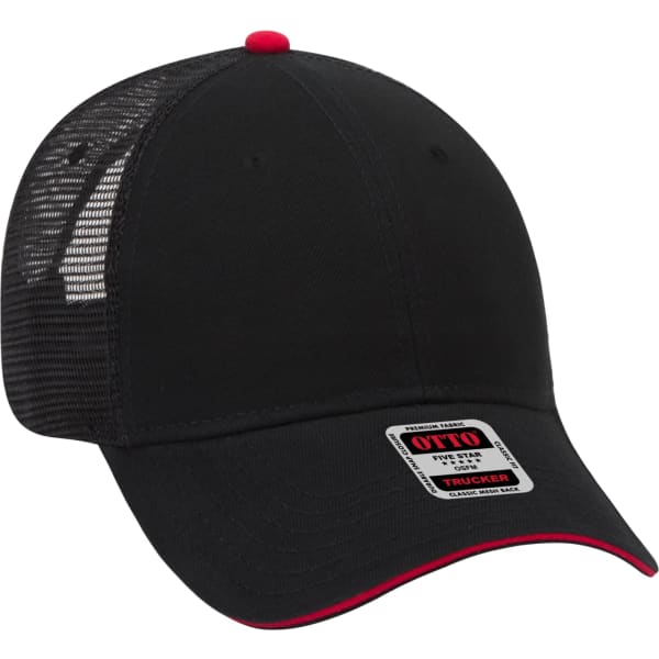 A black 6 panel trucker hat with a red peak and mesh back, featuring a logo on the front.