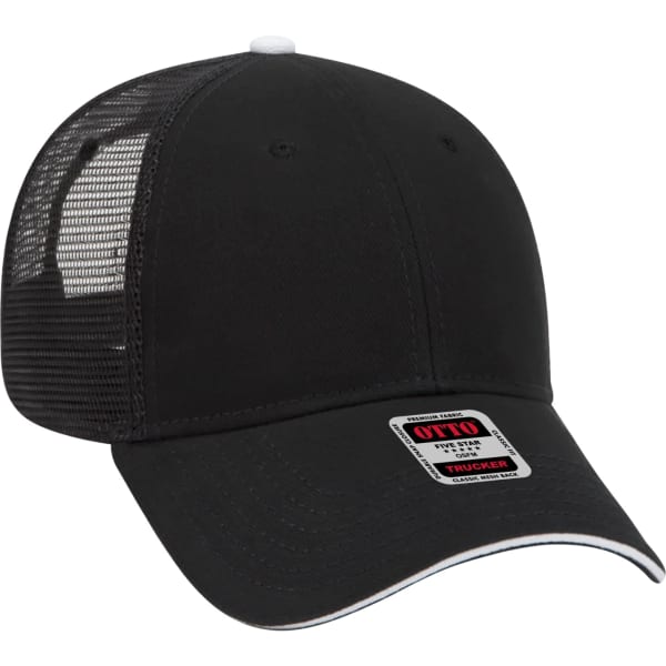 A black 6 panel trucker hat with a mesh back and a small logo on the front. Features a curved brim.