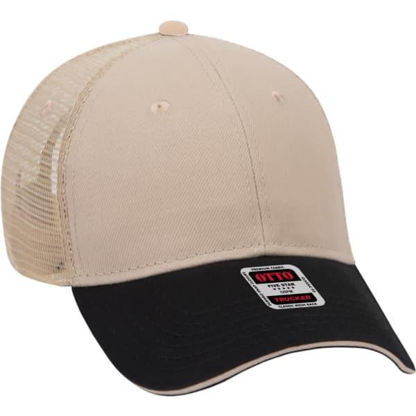A beige and black 6-panel trucker hat with a mesh back and a branded label on the front.