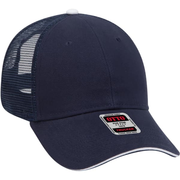 A navy 6 panel trucker hat with a mesh back, featuring a logo on the front.