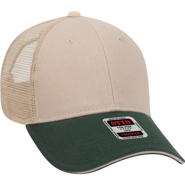 A beige and green 6-panel trucker hat with a mesh back and a branded label on the front.