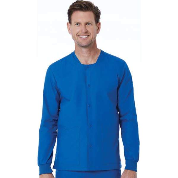 A unisex snap jacket in vibrant blue, featuring a button-up front and long sleeves. Includes a logo.