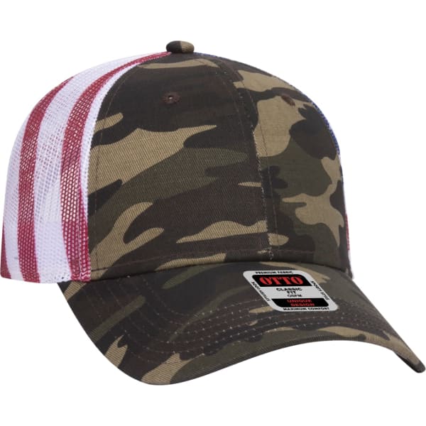 A camouflage trucker hat featuring a mesh back in red and white stripes, complete with a logo on the front.