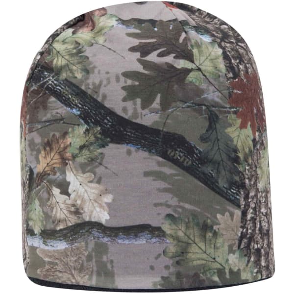 A reversible beanie featuring a camo design with various shades of green, brown, and autumn leaves.
