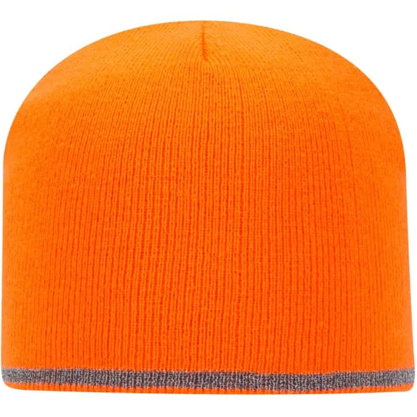 An orange beanie with a reflective stripe at the base. It features a smooth, ribbed texture and has a logo.