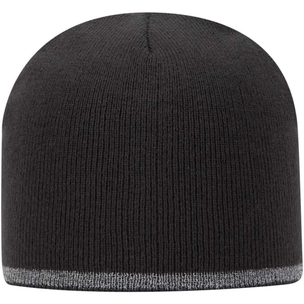 A black beanie with a reflective grey stripe at the bottom. It features a logo on the front.