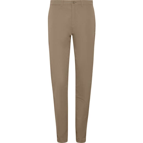 Tan women's chino trousers with a slim fit, featuring a button closure and a logo.