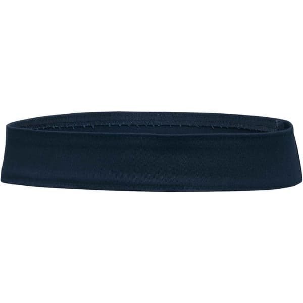 A navy blue hat band with a smooth, elastic design and a plain appearance. It has a branding logo.