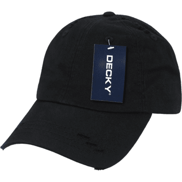 A black 6 panel low profile relaxed vintage dad hat with a tag attached, featuring a logo.