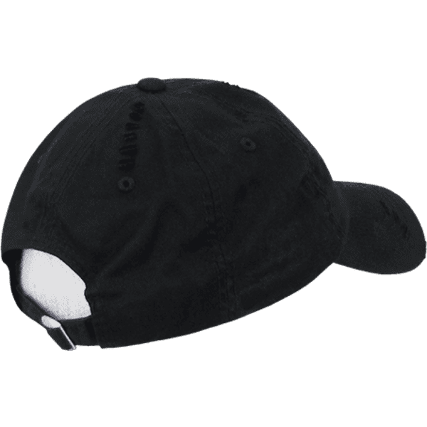 A black vintage dad hat with a relaxed fit and a low profile, featuring a logo on the back.
