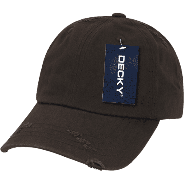 A vintage-style, low-profile dad hat in dark brown, featuring a distressed design and a logo tag.