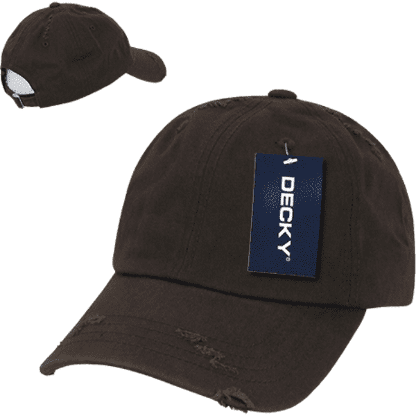 A dark brown vintage dad hat featuring a relaxed fit and a logo tag. The hat has a distressed look and a low profile.
