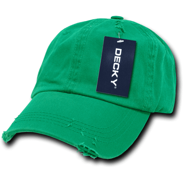 A green 6-panel low profile relaxed vintage dad hat with a tag and distressed details. It features a logo.