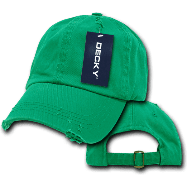 A green six-panel low profile relaxed vintage dad hat with a distressed look and a branding label.