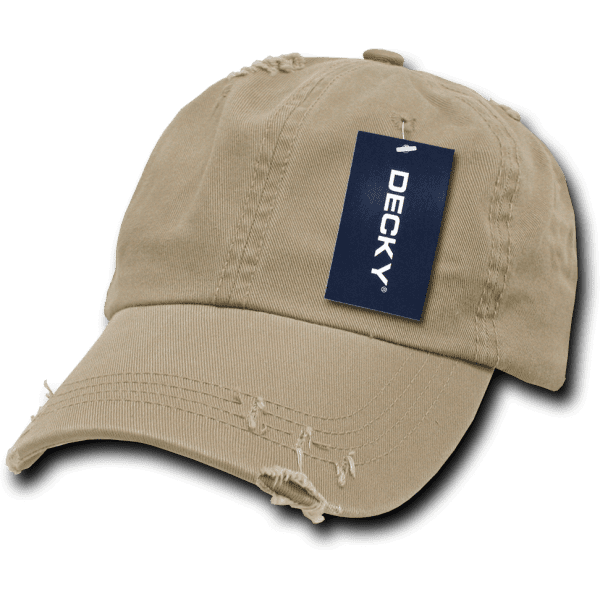 A vintage beige dad hat with a relaxed fit, featuring a logo and a tag attached.