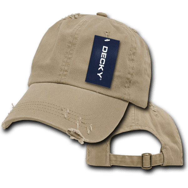 A beige vintage dad hat with a relaxed fit, featuring a distressed design and a logo tag.