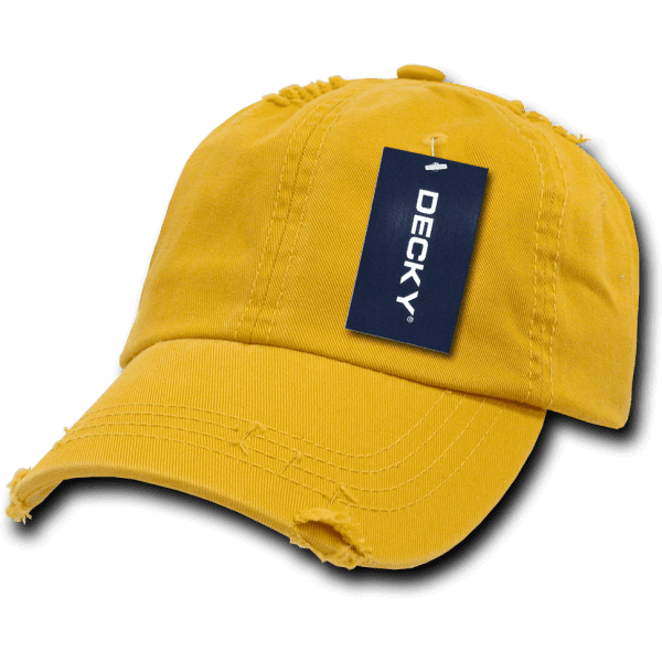A yellow vintage dad hat featuring a relaxed fit and distressed detailing, with a tag attached.