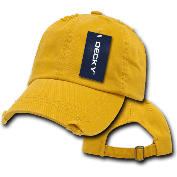 A yellow vintage dad hat with a relaxed fit, featuring a branded tag and a distressed design.