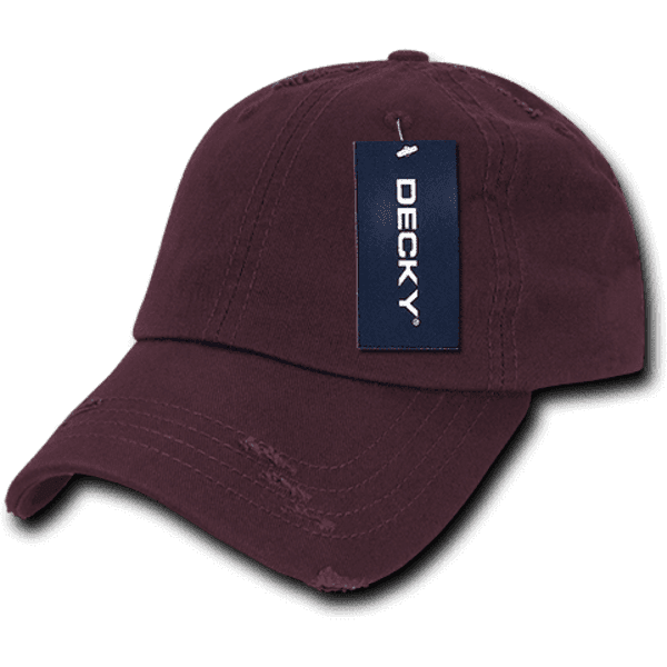 A maroon 6 panel low profile relaxed vintage dad hat with a tag and distressed detailing.