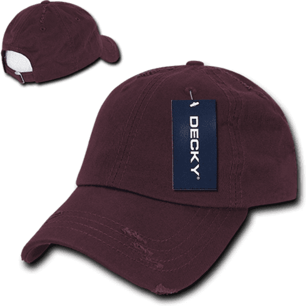 A burgundy six-panel low profile relaxed vintage dad hat with a logo and a tag attached.